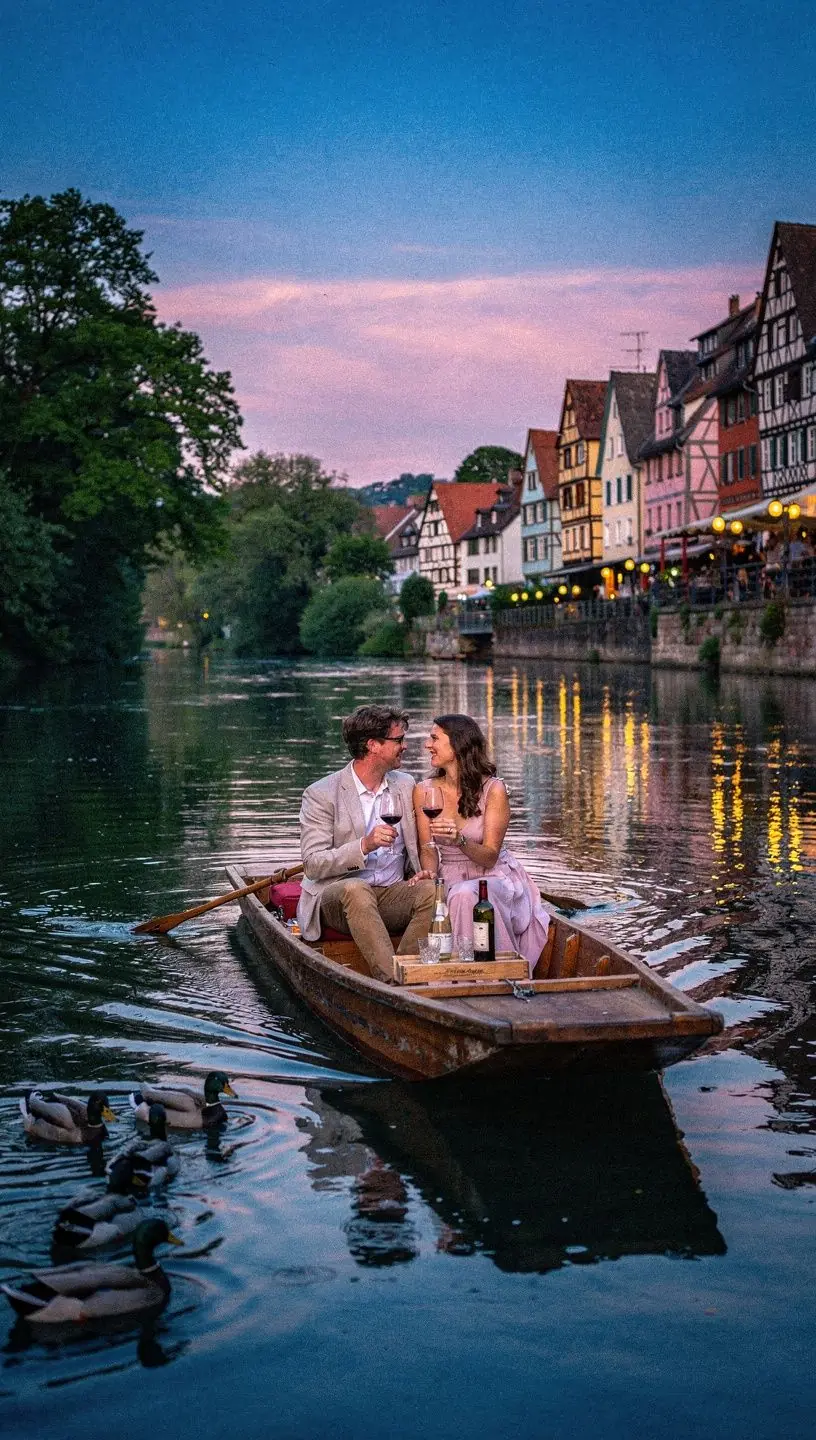Ein lebhaftes Café am Flussufer, wo Studenten gemeinsam lernen und sich entspannen.